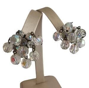 Vintage clear Austrian crystal drop dangle clip on earrings AB faceted beads